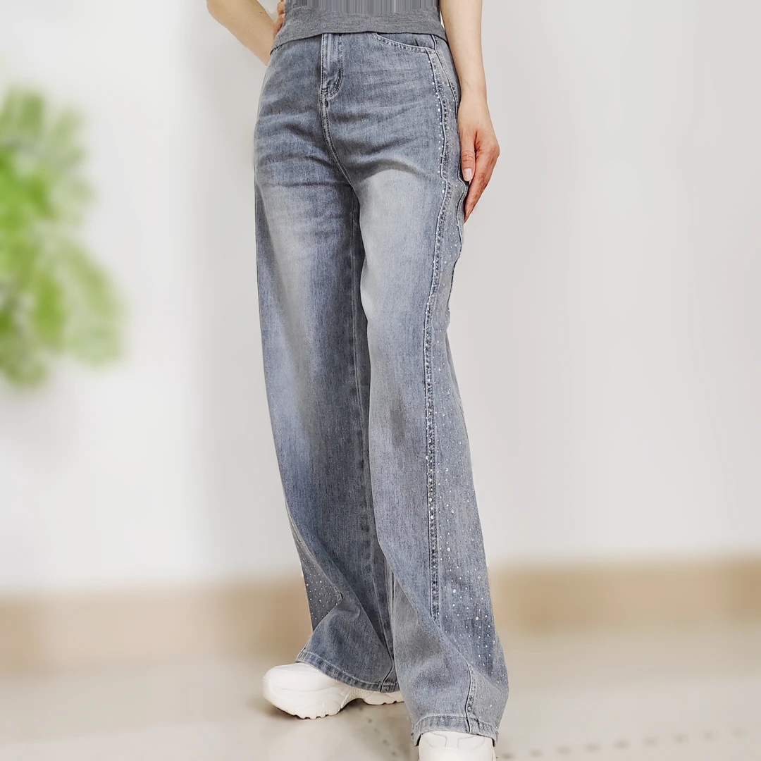 夏季新款烫钻薄款灰色阔腿裤高腰显瘦垂感牛仔裤五一旅游出街衣服