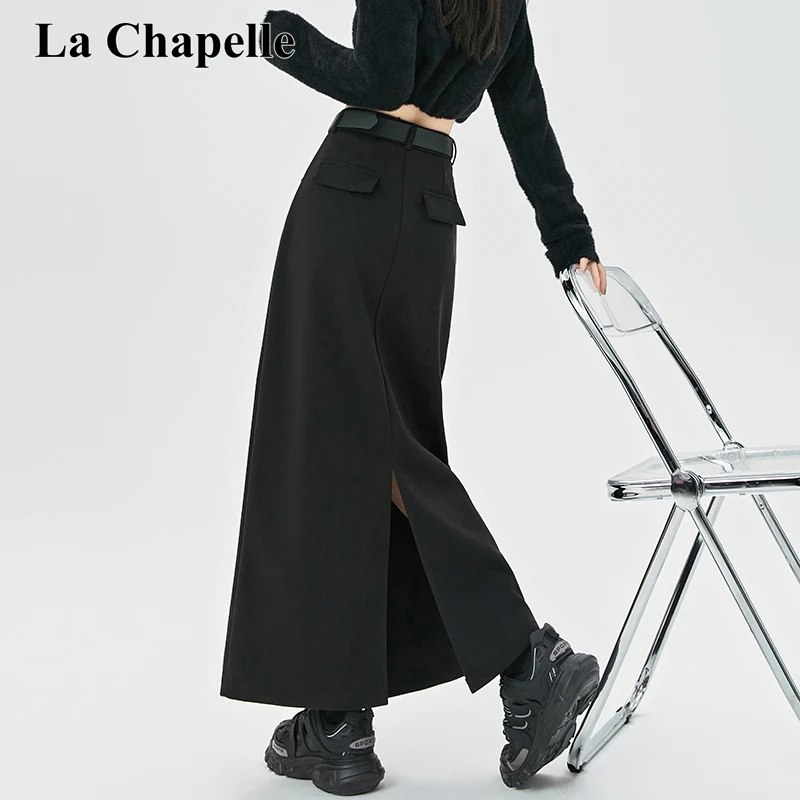 拉夏贝尔美式高腰直筒半身裙女2025秋冬季包臀后开叉a字中长裙子