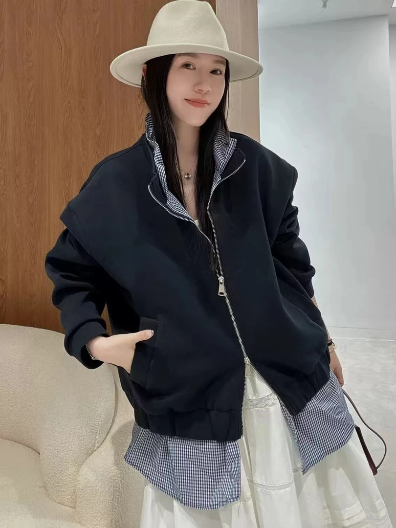 8009春季欧货厂家设计师款立领格子拼接假两件休闲风卫衣外套潮