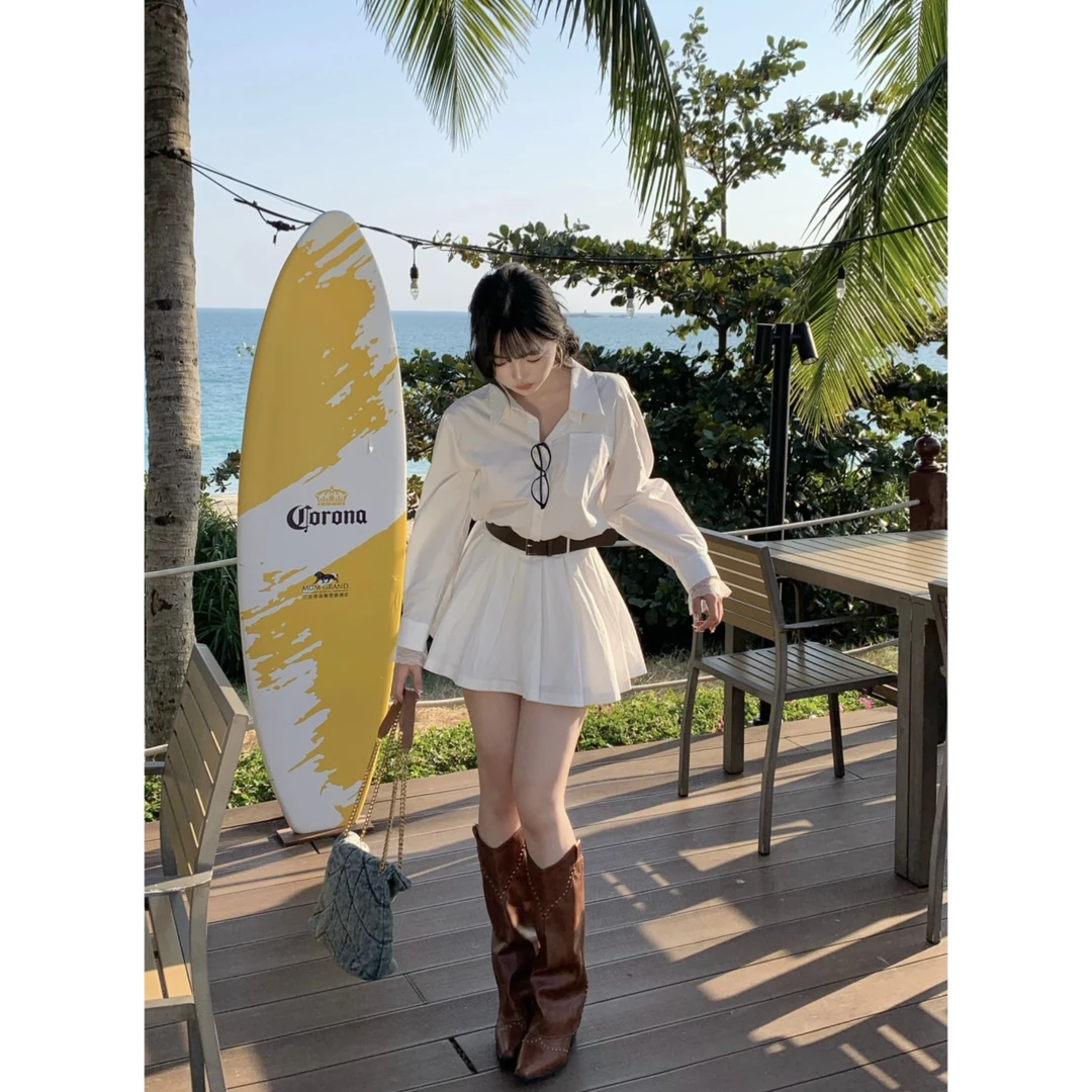 MengFairy【品味格调】韩系百搭收腰连衣裙百褶衬衫裙4857M套装