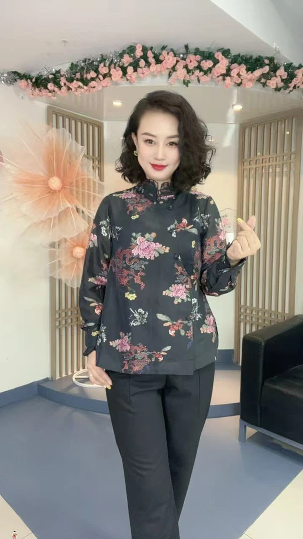 新中式国风时尚高级感木耳边盘扣立领气质牡丹祥龙衬衫L5568