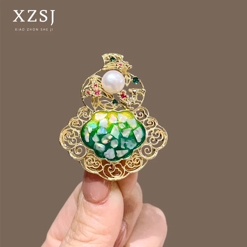 铜胸针 原创手工非遗螺细珍珠葫芦别针高档国风旗袍胸花毛衣配饰