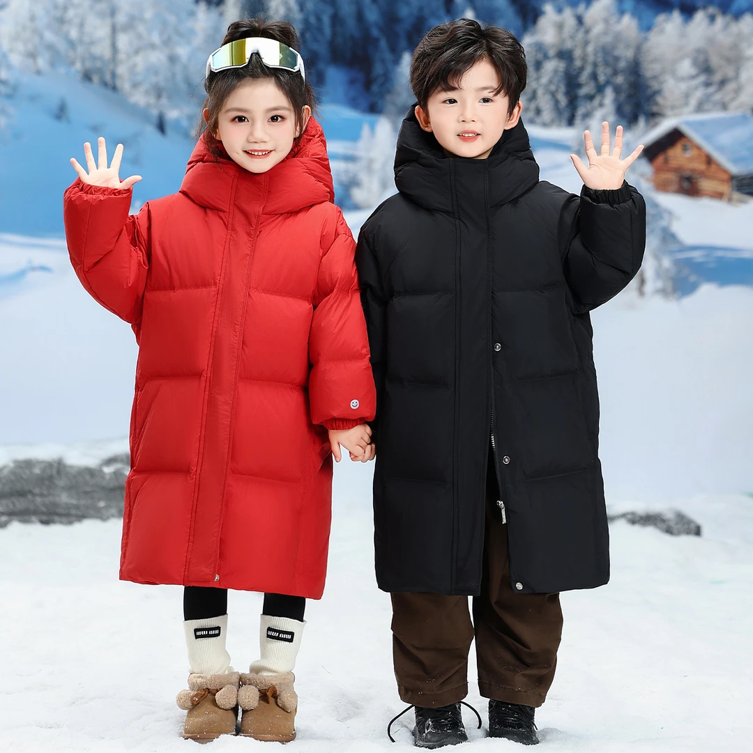 儿童羽绒服中长款过膝男童宝宝冬装小童加厚女童冬季白鸭绒外套