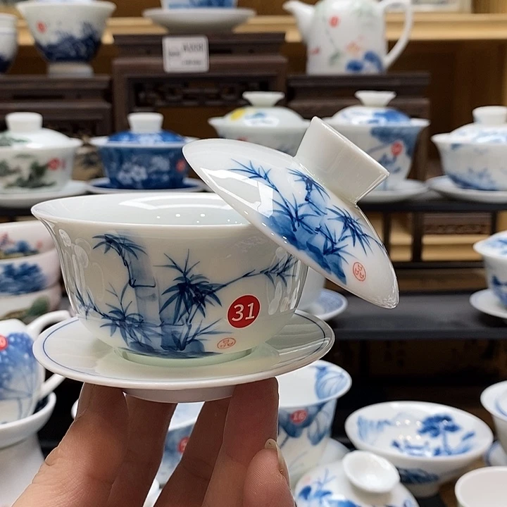 手绘微瑕竹子盖碗