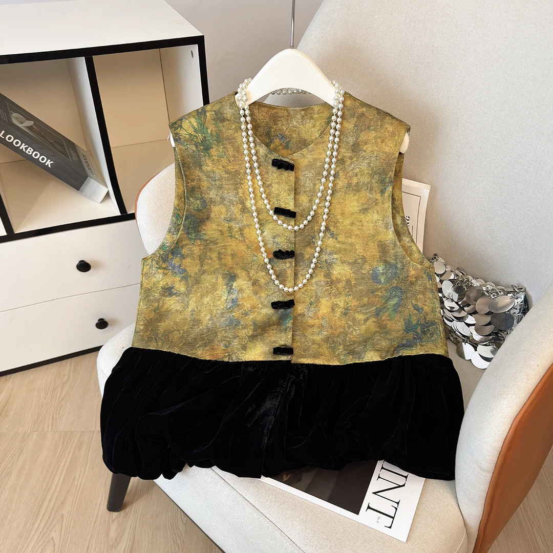 实拍现货新中式国风桑蚕丝香云纱马甲女秋新款高端丝绒拼接上衣