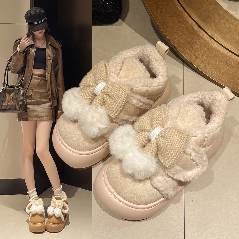 新款时尚保暖棉拖鞋外穿防滑抗寒加绒雪地靴女秋冬季魔术贴厚底