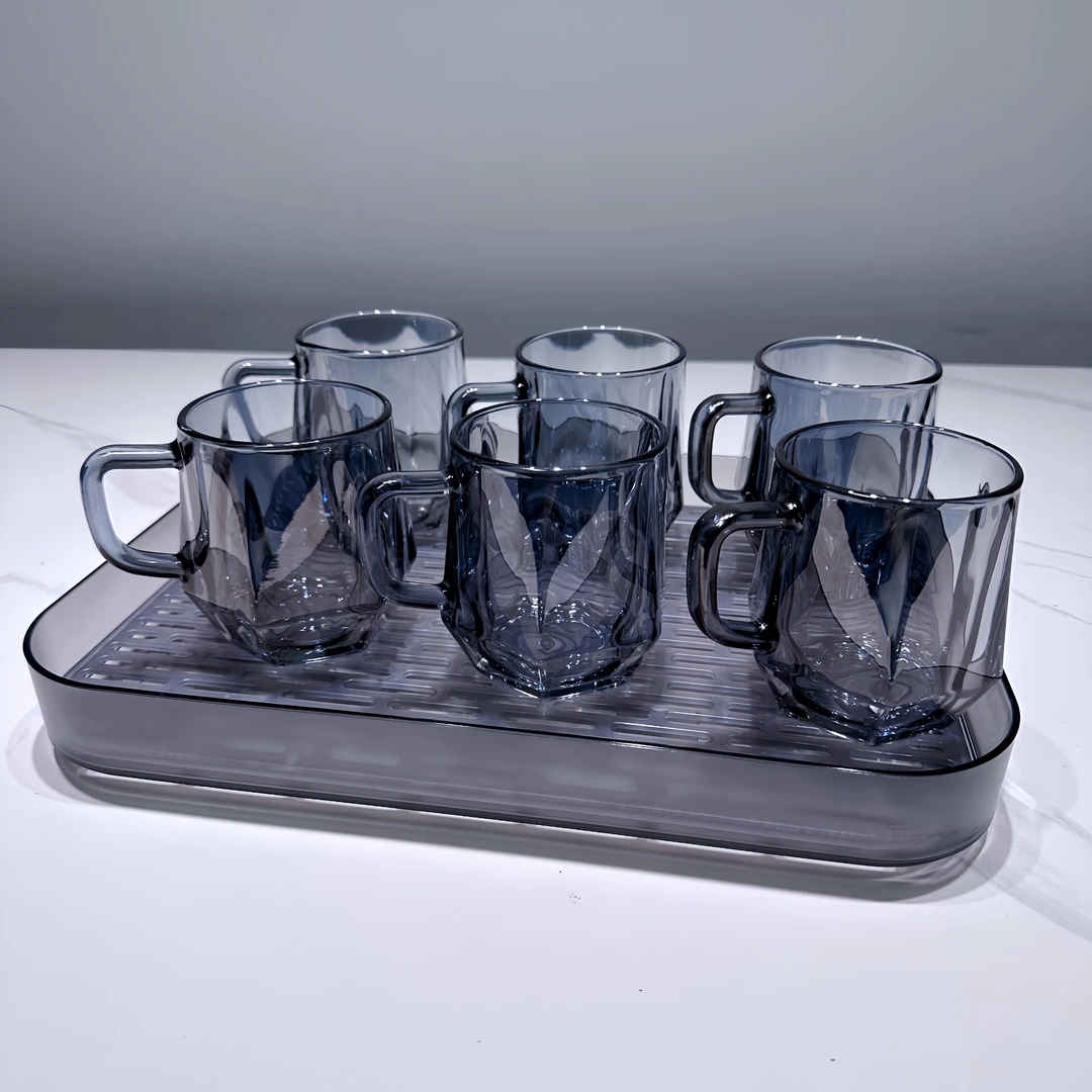 家用带把六角杯耐热玻璃茶杯创意彩色威士忌杯果汁杯啤酒水杯