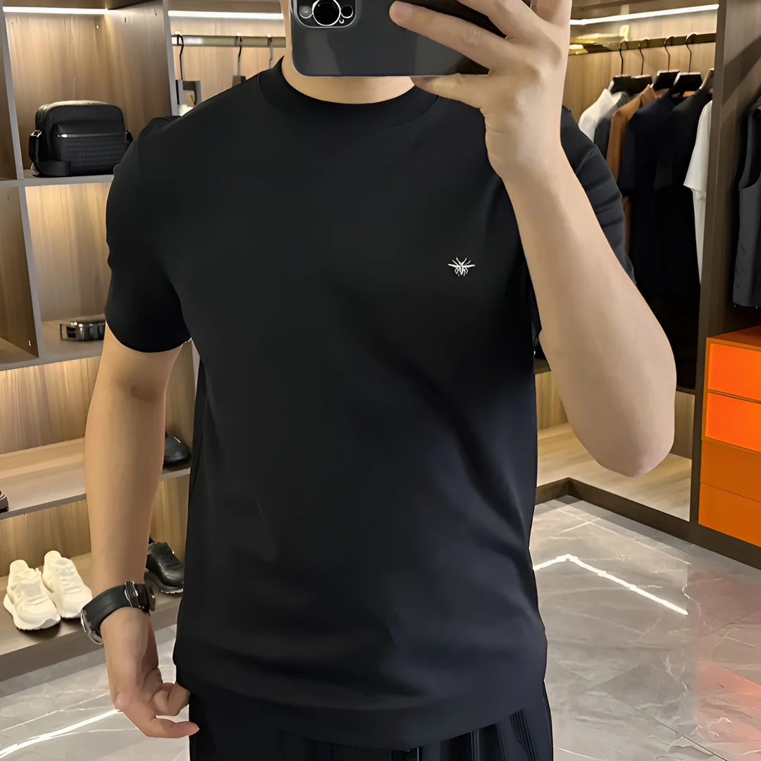 2025年秋冬新款男士潮流洋气刺绣小蜜蜂短袖T恤百搭圆领套头上衣