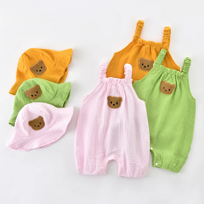 婴儿连体无袖吊带夏装带帽爬服新生儿哈衣薄款宝宝包屁衣纯棉夏天