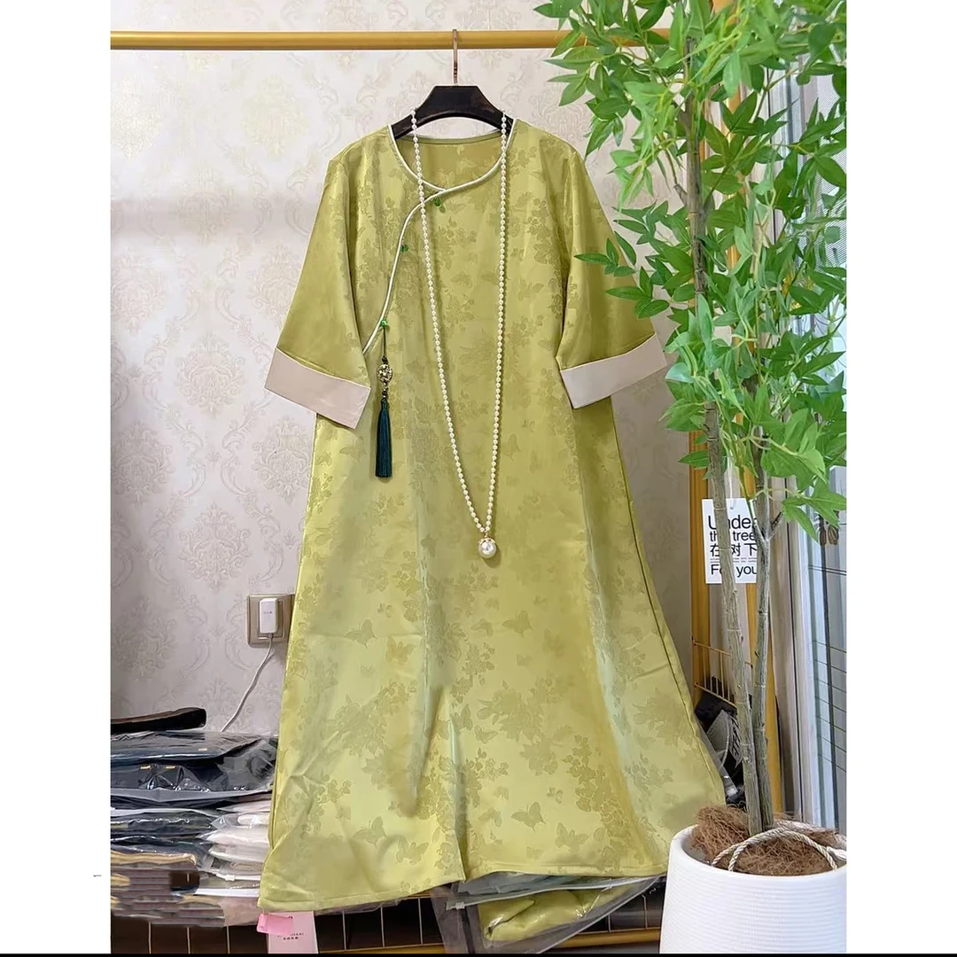 大码连衣裙圆领斜襟常规高腰U型领中长裙不褪色斜肩A字裙