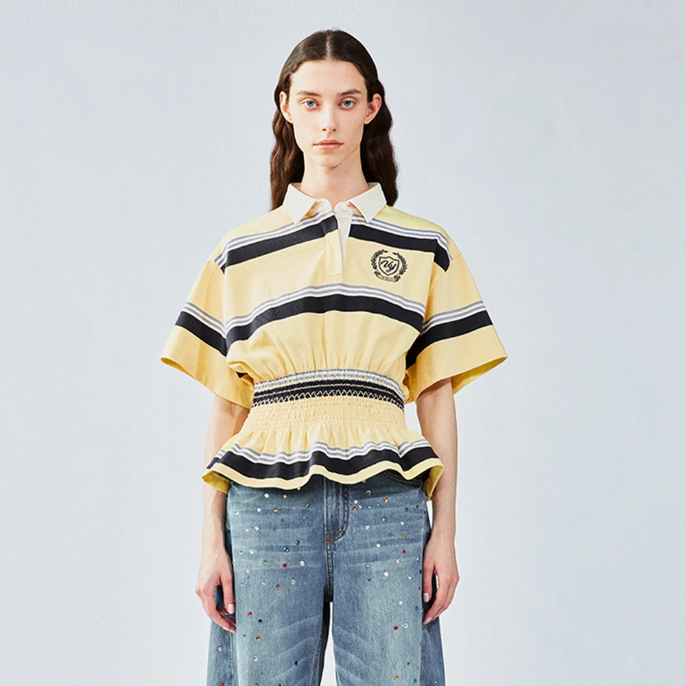 UOOYAA/乌丫夏季新款「New Vintage」司马克抽褶荷叶边条纹T恤9140