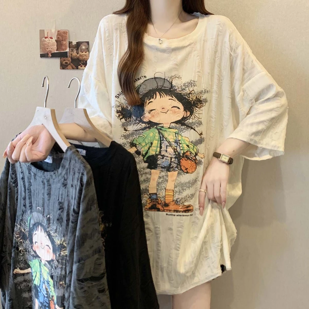 大码做旧破洞彩绘印花短袖t恤女夏季2025新款宽松显瘦时尚上衣女