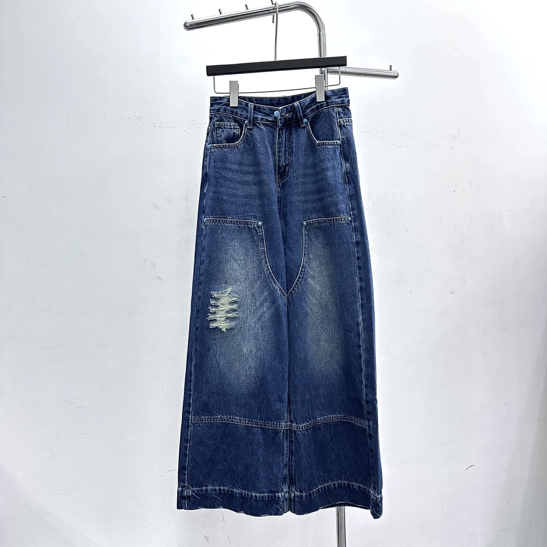 小琴欧货【小皮牌工装牛仔裤】百搭休闲女时尚宽松潮牌长裤8605