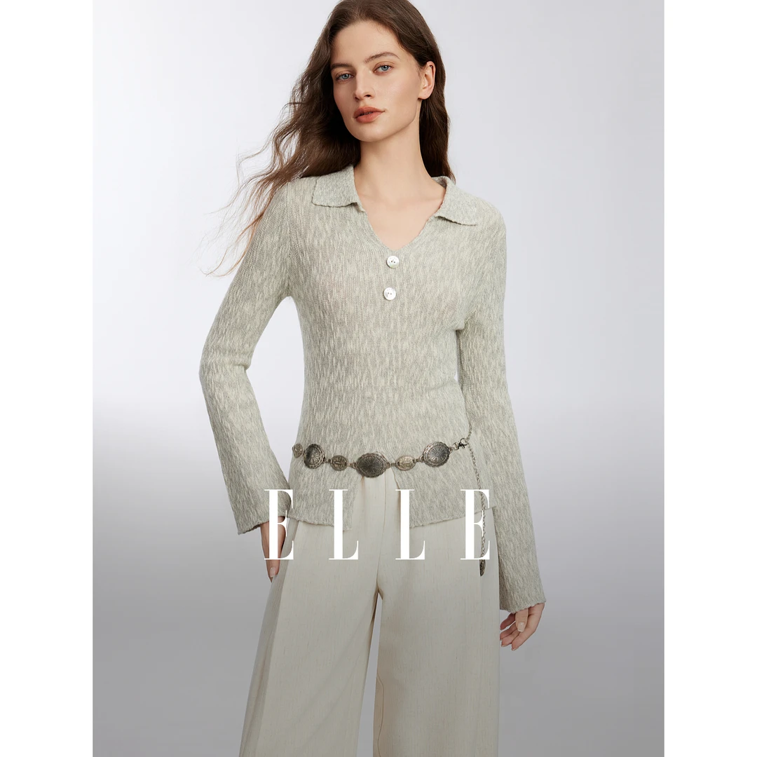 ELLE法式设计感V领长袖针织衫女2025春新款软糯修身休闲EZ50558