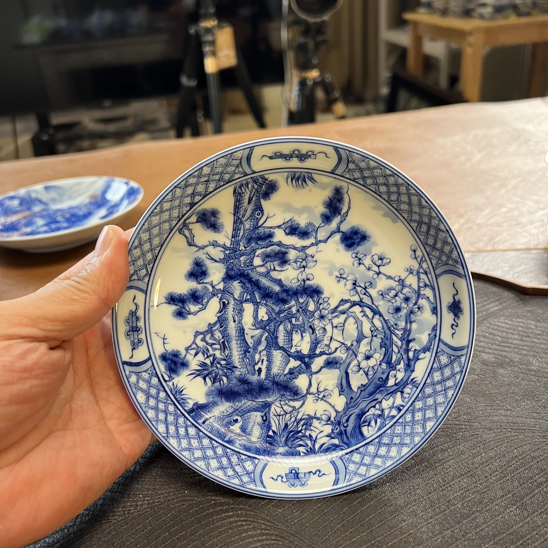 艺家仁松竹梅壶承手绘手工陶瓷蓝色花纹青花青花瓷壶承盘