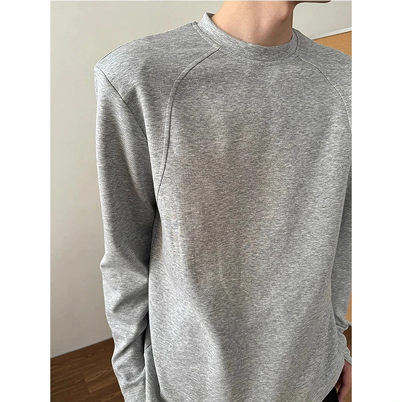 结构拼接长袖t恤男秋季果冻棉垫肩显宽体恤衫时尚休闲圆领打底衫