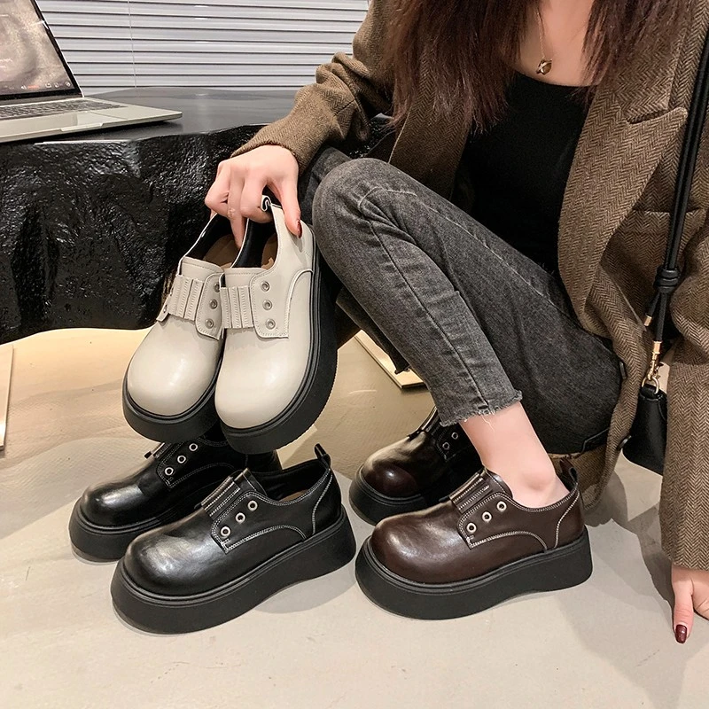 暮秋秋2025春新款百黑色复古英伦风一脚蹬小皮鞋搭厚底乐福鞋单鞋