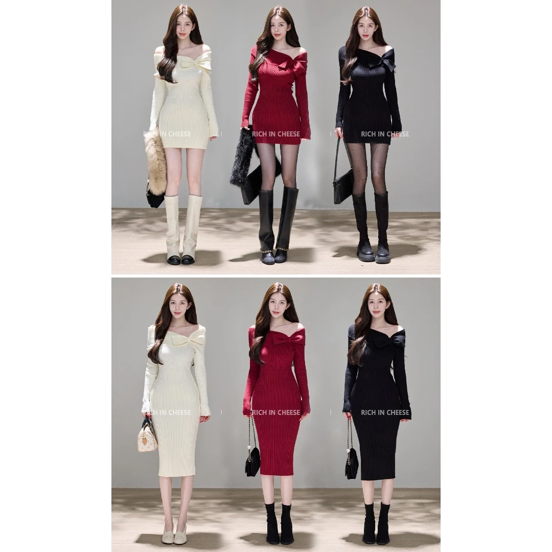 舒胡蕾 圣诞红宝石 秋冬气质蝴蝶结纯欲一字肩包臀针织收腰连衣裙