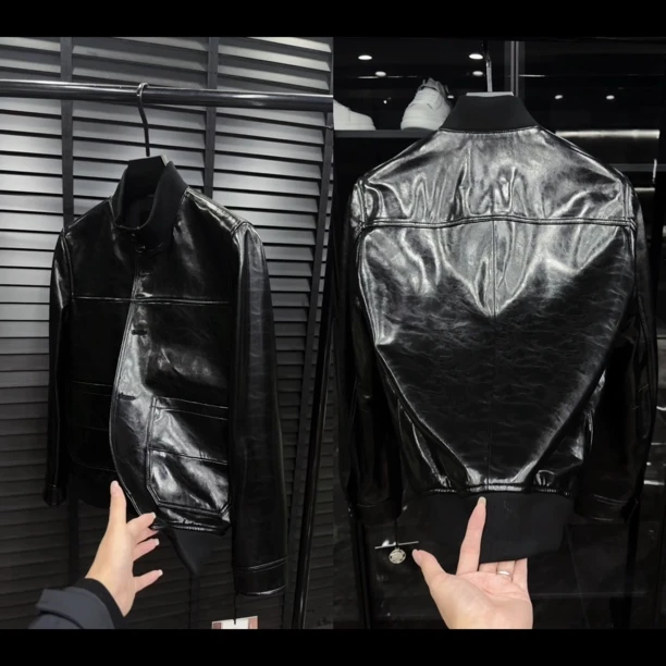 秋季黑色立领机车帅气男士羊皮夹克28761