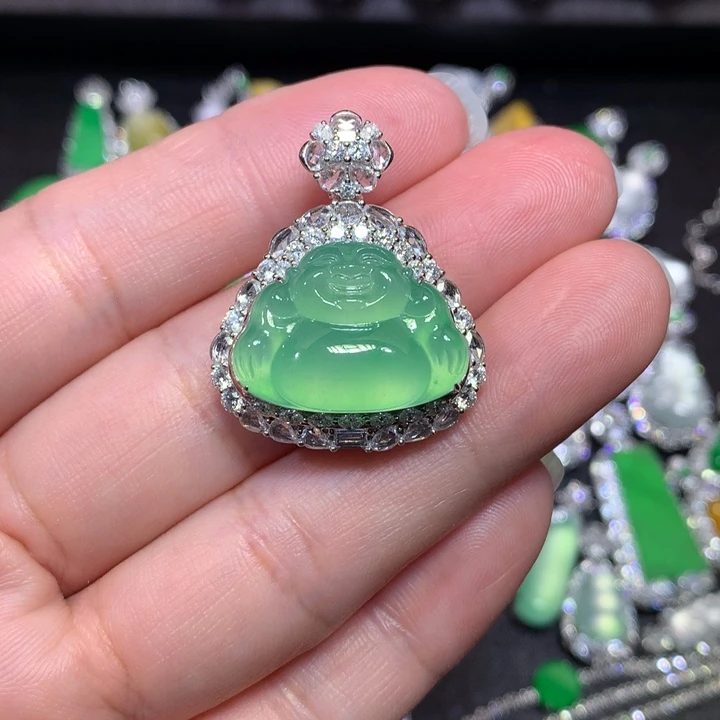 翡翠18K金镶嵌颈饰冰晴绿佛公
