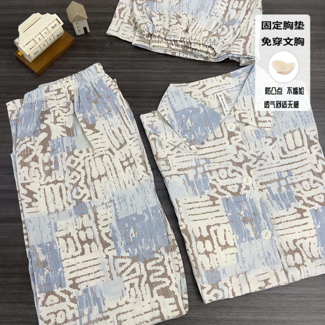 夏款泡泡绵女士翻领流苏睡衣夏季短袖可外出带胸垫家居服三件套