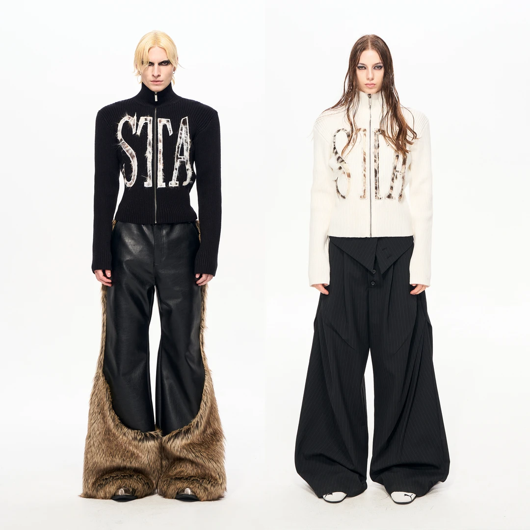 STARTEXCEEDEND高领拉链针织衫外套男秋冬皮草拼接男生修身毛衣潮