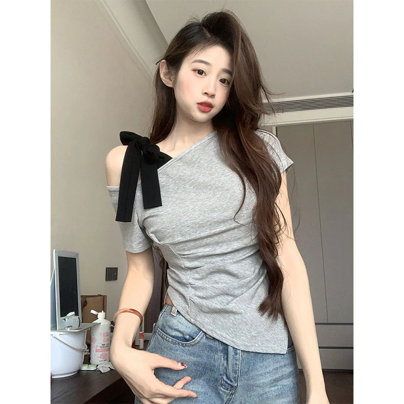蝴蝶结纯欲风露肩显瘦百搭短袖T恤女夏季气质不规则上衣显瘦百搭
