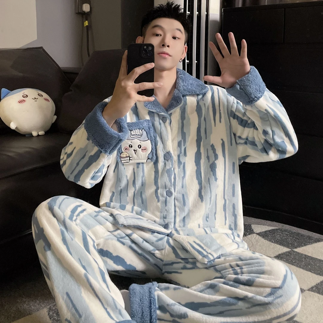法兰绒睡衣男款秋冬季加厚加绒珊瑚绒卡通套装新款男士保暖家居服