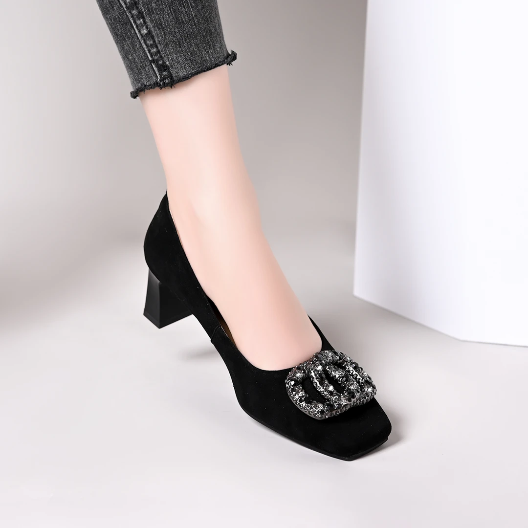 法式水钻气质粗跟高跟鞋女2025春季新款职业浅口一脚蹬单鞋