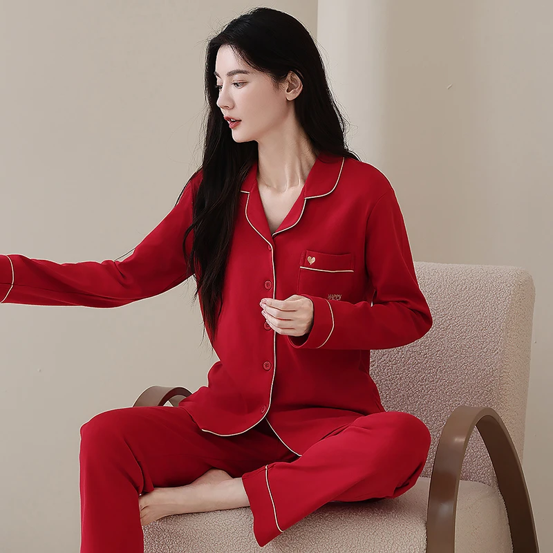 100%全棉加厚长袖女士睡衣女秋冬季对襟翻领女套装青年简约家居服