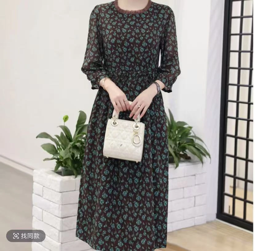 2025春款新款显瘦玫瑰中长款连衣裙