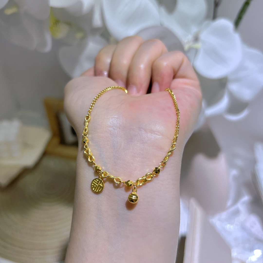 5G足金999时尚百搭铃铛小福牌手链