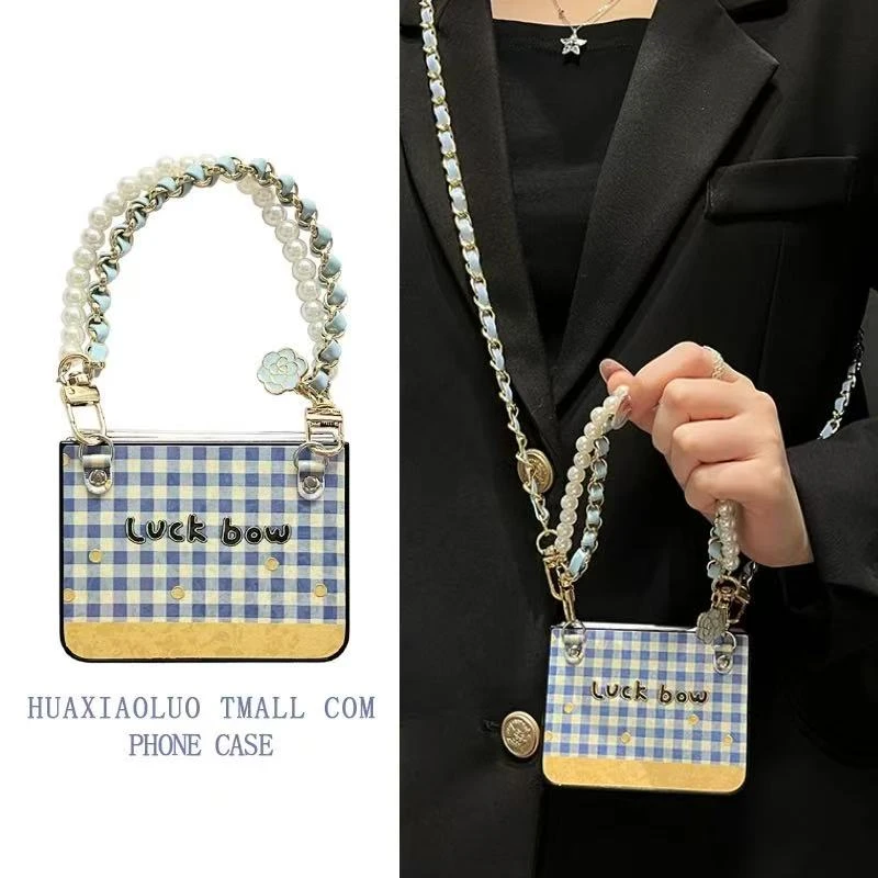 ins烫金蓝格子英文适用华为purax折叠屏手机壳三星zflip7斜跨可背