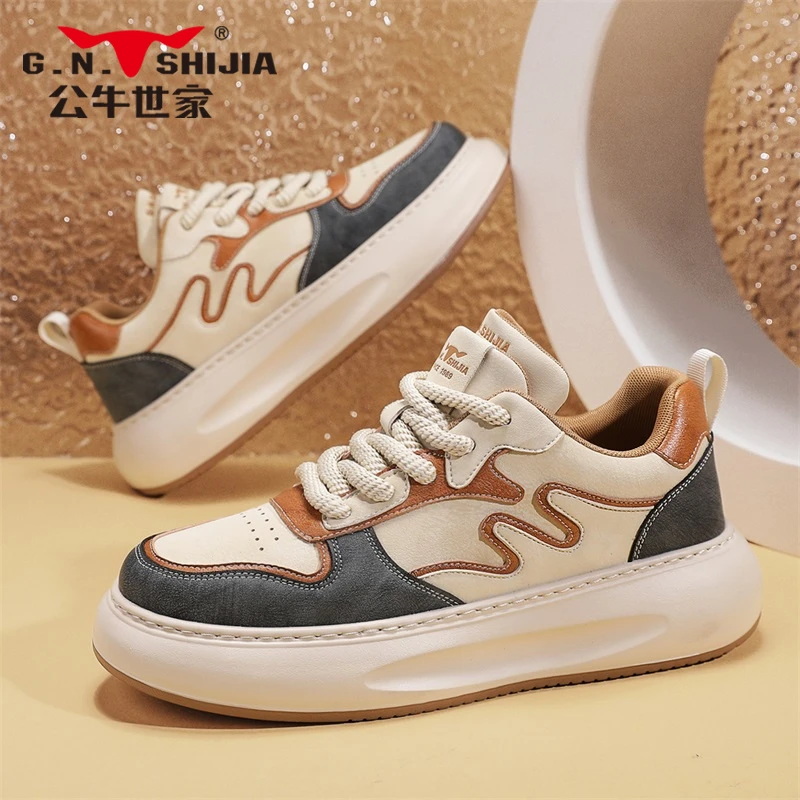 公牛世家男鞋秋季新款高级感百搭时尚复古板鞋男厚底运动休闲潮鞋