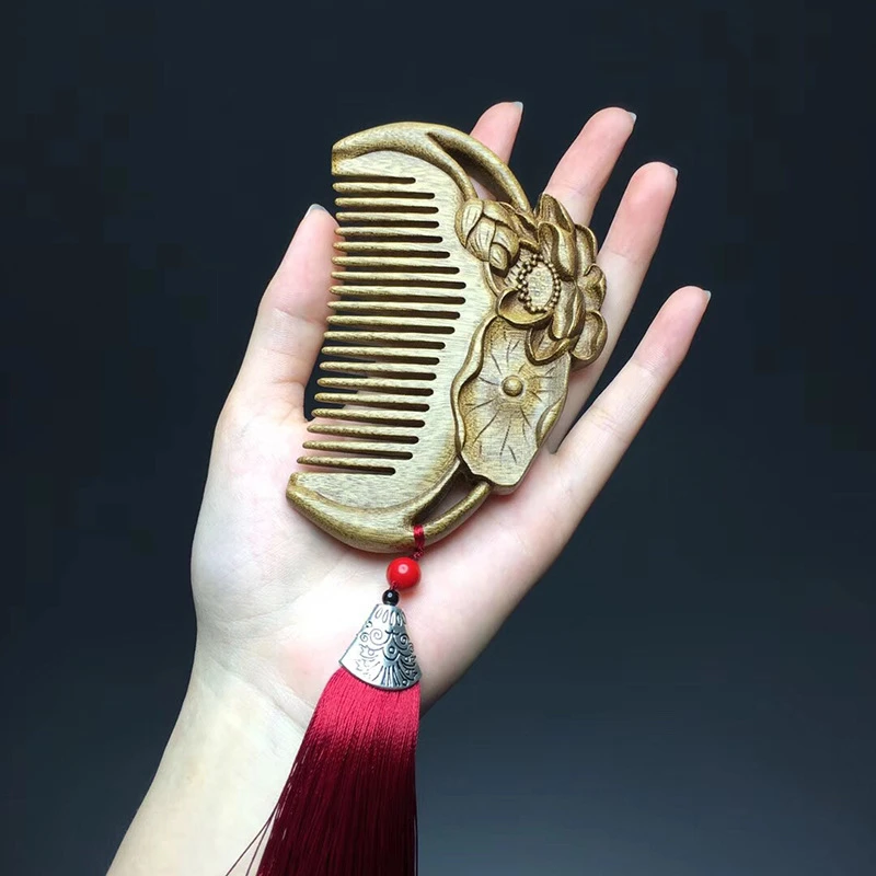 荷花图案雕刻印花金丝楠木梳子美发直发造型按摩梳送女友节日礼物