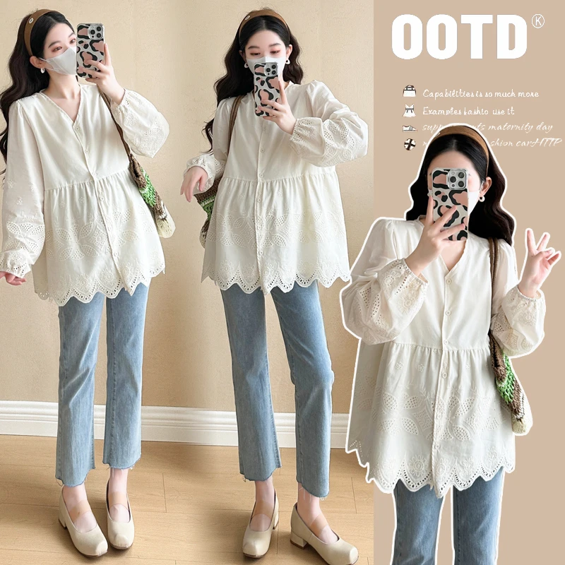 孕妇春季2025新款衬衫韩版休闲V领蕾丝花边小香风娃娃衫减龄上衣