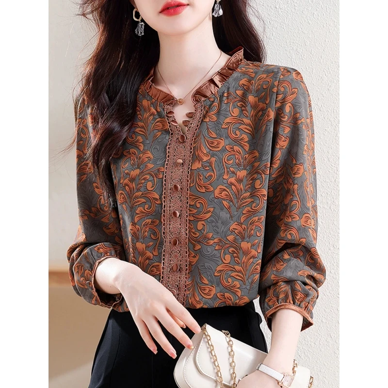 杭州真丝衬衫女士长袖2025年春秋新款大牌洋气碎花衬衣桑蚕丝上衣
