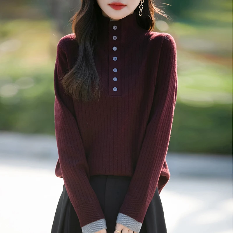 正品2025春秋时尚百搭加厚高翻领针织衫女新款爆款大码撞色毛衣