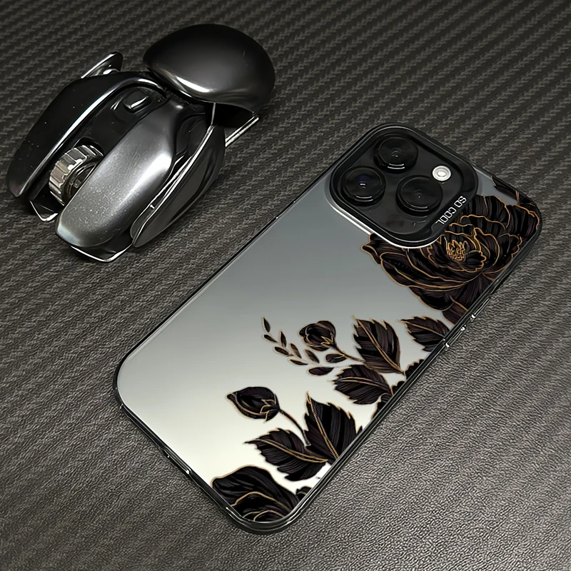 黑金花朵适用iphone16手机壳15promax苹果14/13/12/11防摔套磨砂