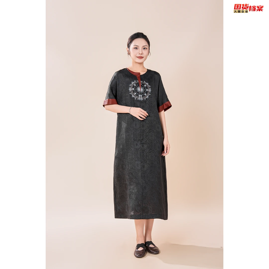 香云纱八达韵六经绞萝设计师款重工刺绣连衣裙-8433