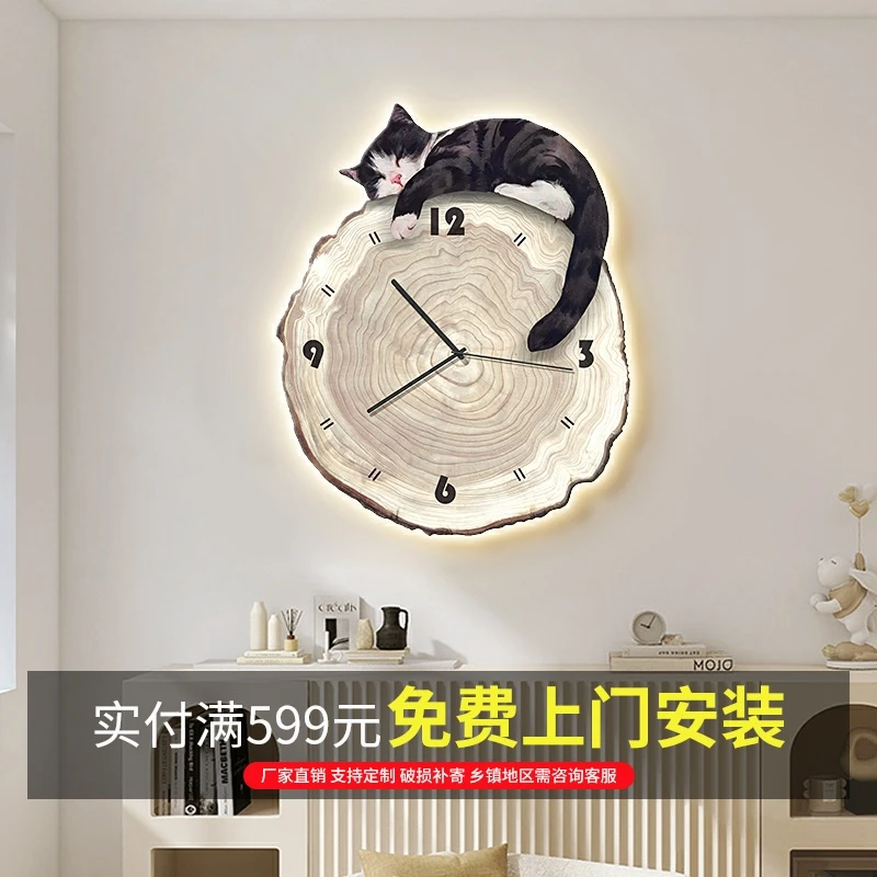 挂钟客厅2025新款挂画轻奢装饰画侘寂风可爱猫咪餐厅时钟挂墙钟表