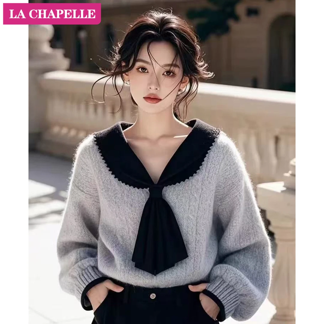拉夏贝尔小个子慵懒奶呼呼软糯毛衣女秋冬韩系宽松显瘦水手领上衣