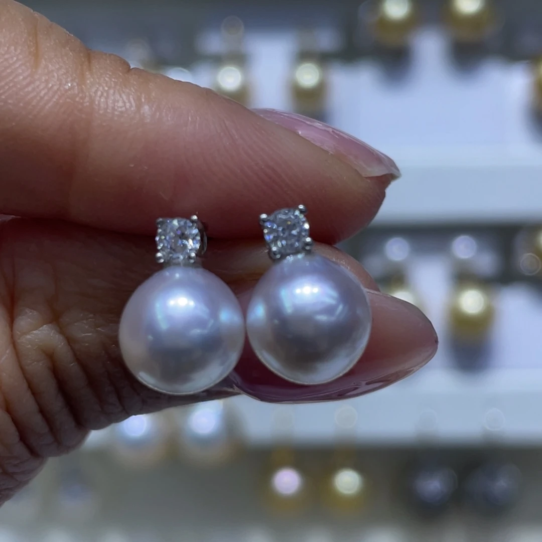 耳饰银S925镶嵌海水珍珠8-9极光