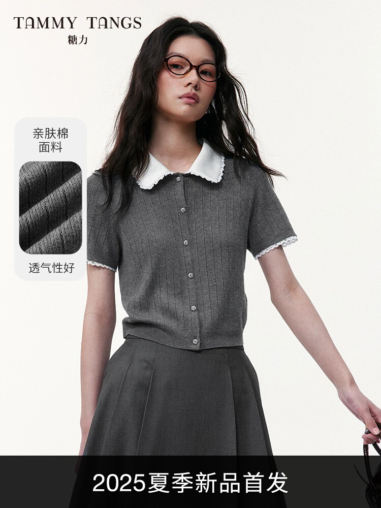 商场同款糖力 学院减龄2025夏季新款蕾丝娃娃领短袖针织衫女短款