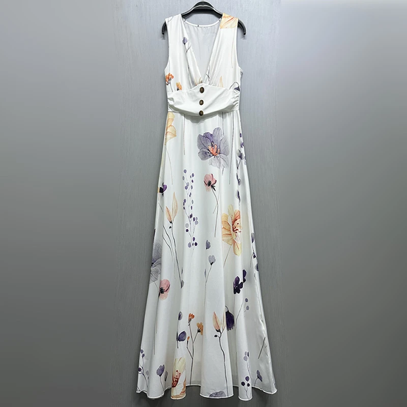 外贸原单170高个子无袖女装气质V领印花显瘦A字裙松紧腰连衣裙