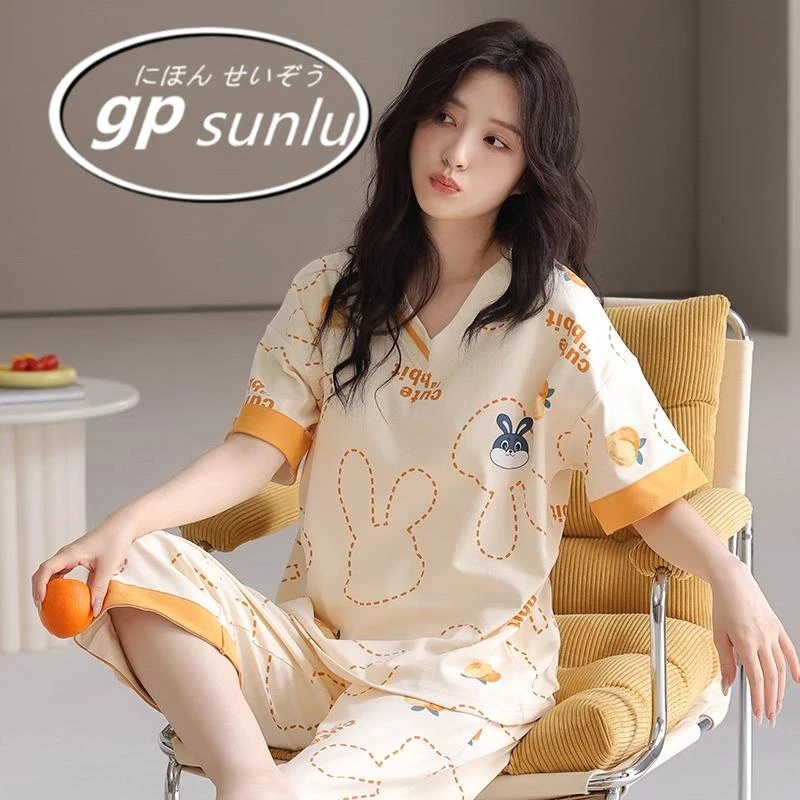日系GP带胸垫睡衣女款夏季纯棉短袖七分裤宽松可爱卡通居家服套装