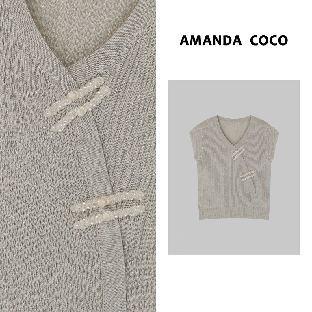知性优雅～串珠新中式盘扣设计感v领短袖针织v29449
