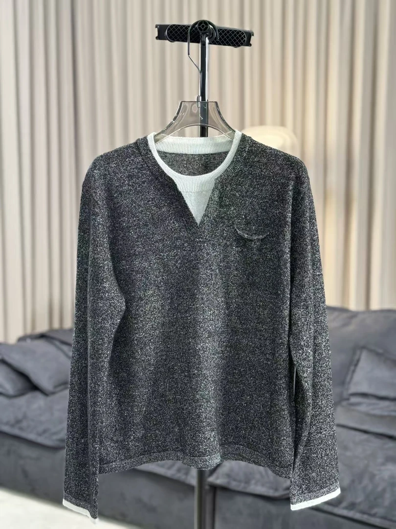 【柳青女装】2025冬季新款剪刀领白花灰假两件羊毛衫打底