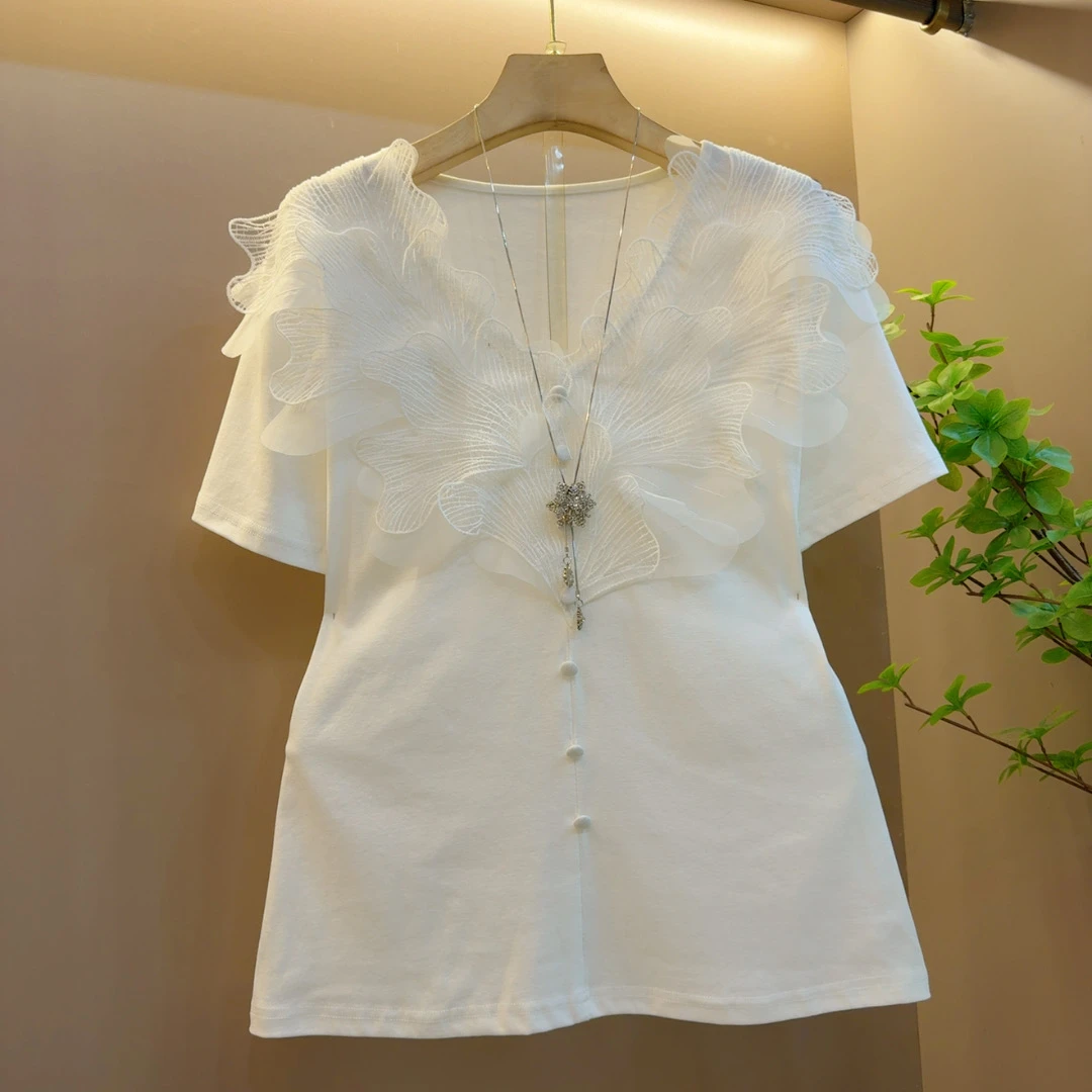 夏季新款百搭气质洋气V领网纱拼接宽松打底短袖T恤上衣（长62左右