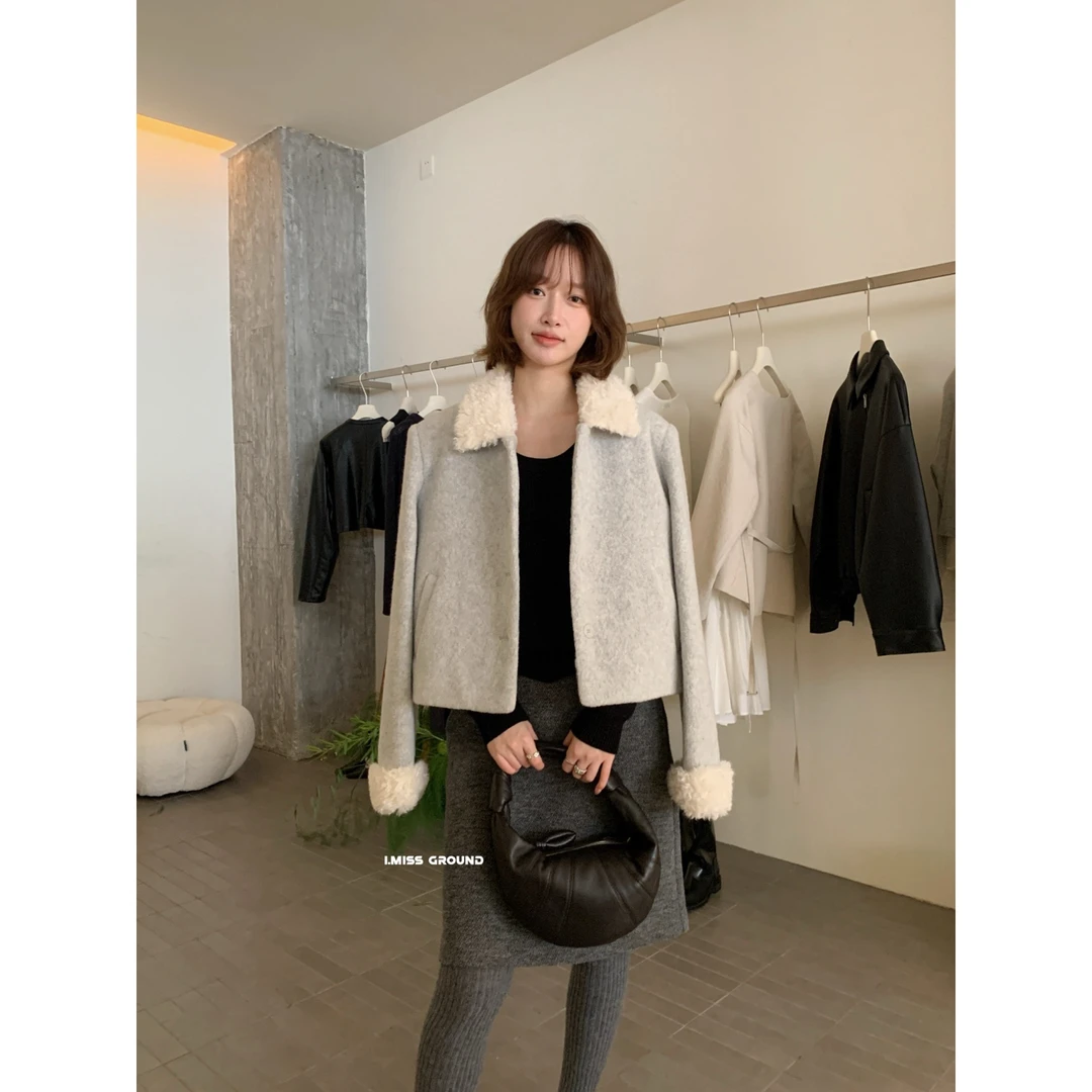 IMISS-标大爆款绝美羊羔毛拼接羊毛外套保暖羽绒服外套H70878